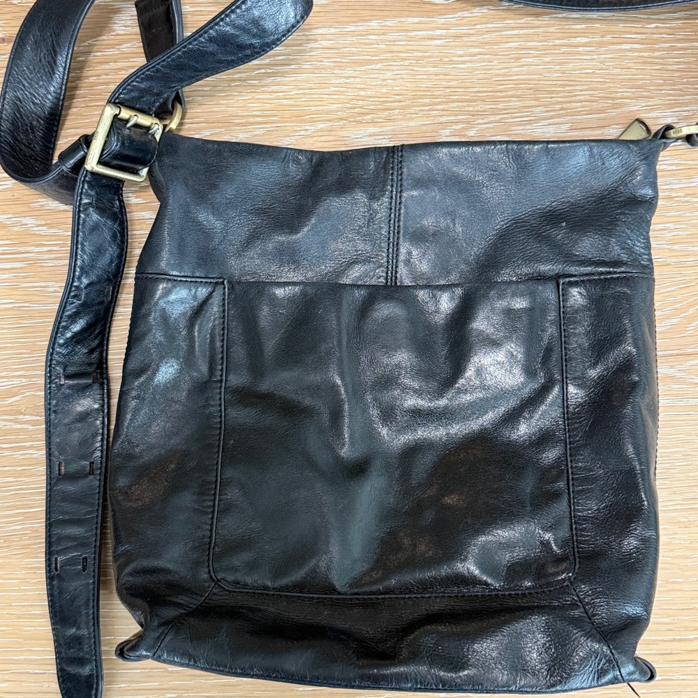 HOBO Black Leather Crossbody Tote with Brass Hardware